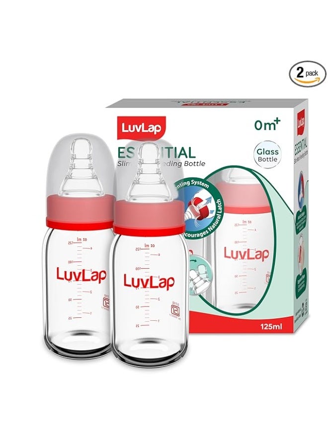 LuvLap Essential Slim Neck Glass Feeding Bottle, 125ml, 0m+/Babies Upto 3 Years, Made of Borosilicate Glass, BPA Free, Ergonomic Shape is Easy to Hold, with Anti Colic Nipple, Pack of 2, White & Red